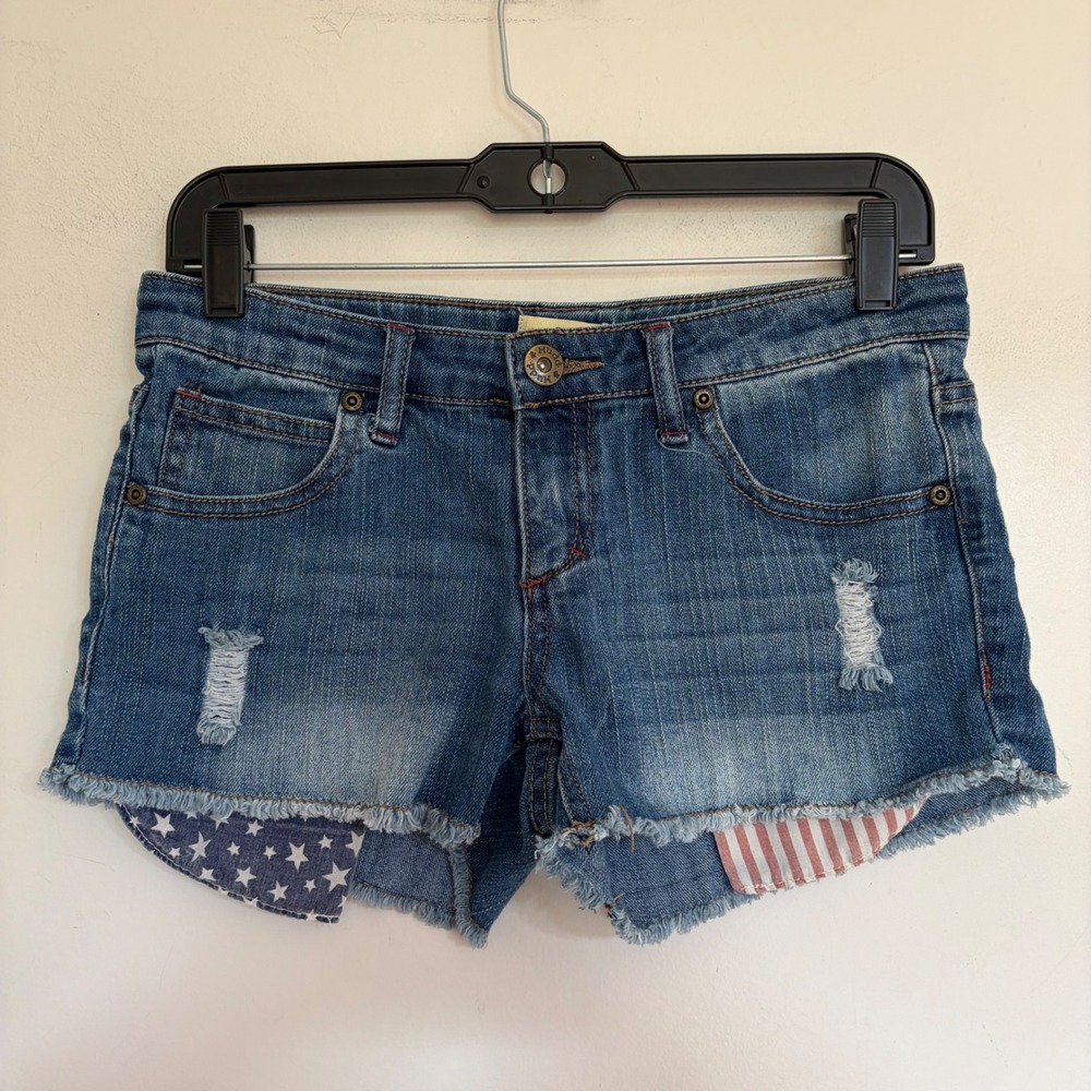 Mudd Y2K Distressed Americana Denim Shorts Stars Stripes Blue Size 12.5